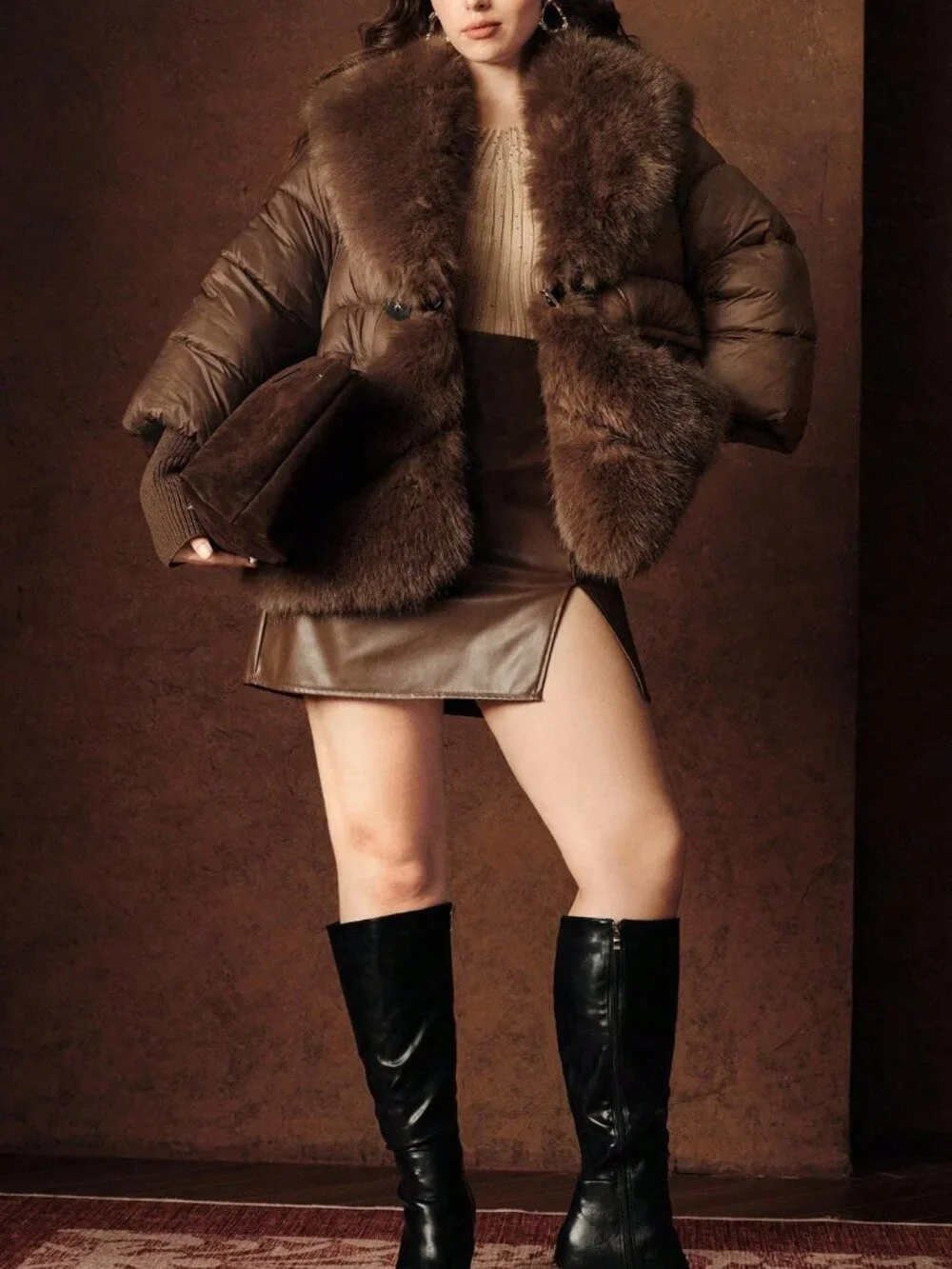 Brown Casual Women's Plus Size Contrast Faux Fur V-Neck Patchwork Zip Coat